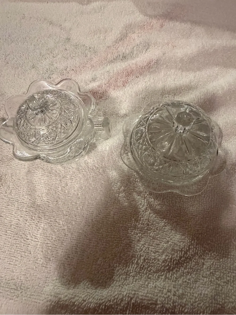 Clear Pressed Glass Lidded Dishes Set - Scalloped Bowls